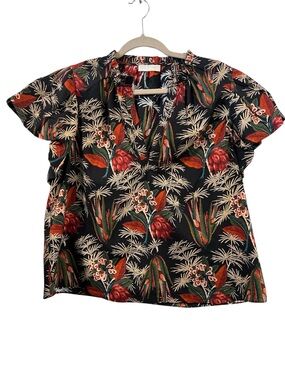 ULLA JOHNSON Women’s Floral V-Neck Short Sleeve Top - Black with Red & Green